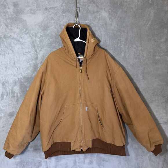 Carhartt Jacket Men 3XL Beige Quilted Canvas Union USA Zip Hoodie J140 Destroyed